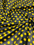 Polka Dot Satin Fabric - Yellow on Black -  3/4" Inch Soft Silky Satin Polka Dot Fabric Sold By Yard