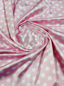 Polka Dot Satin Fabric - White on Pink -  3/4" Inch Soft Silky Satin Polka Dot Fabric Sold By Yard