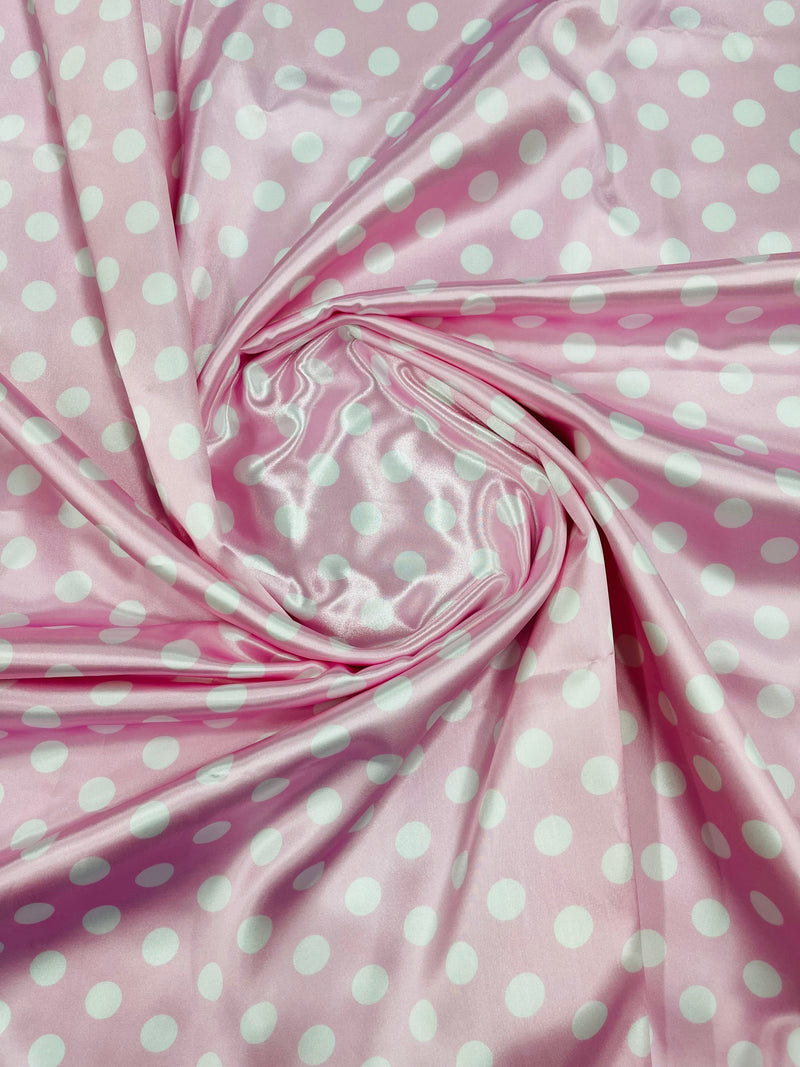 Polka Dot Satin Fabric - White on Pink -  3/4" Inch Soft Silky Satin Polka Dot Fabric Sold By Yard