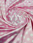 Polka Dot Satin Fabric - White on Pink -  3/4" Inch Soft Silky Satin Polka Dot Fabric Sold By Yard