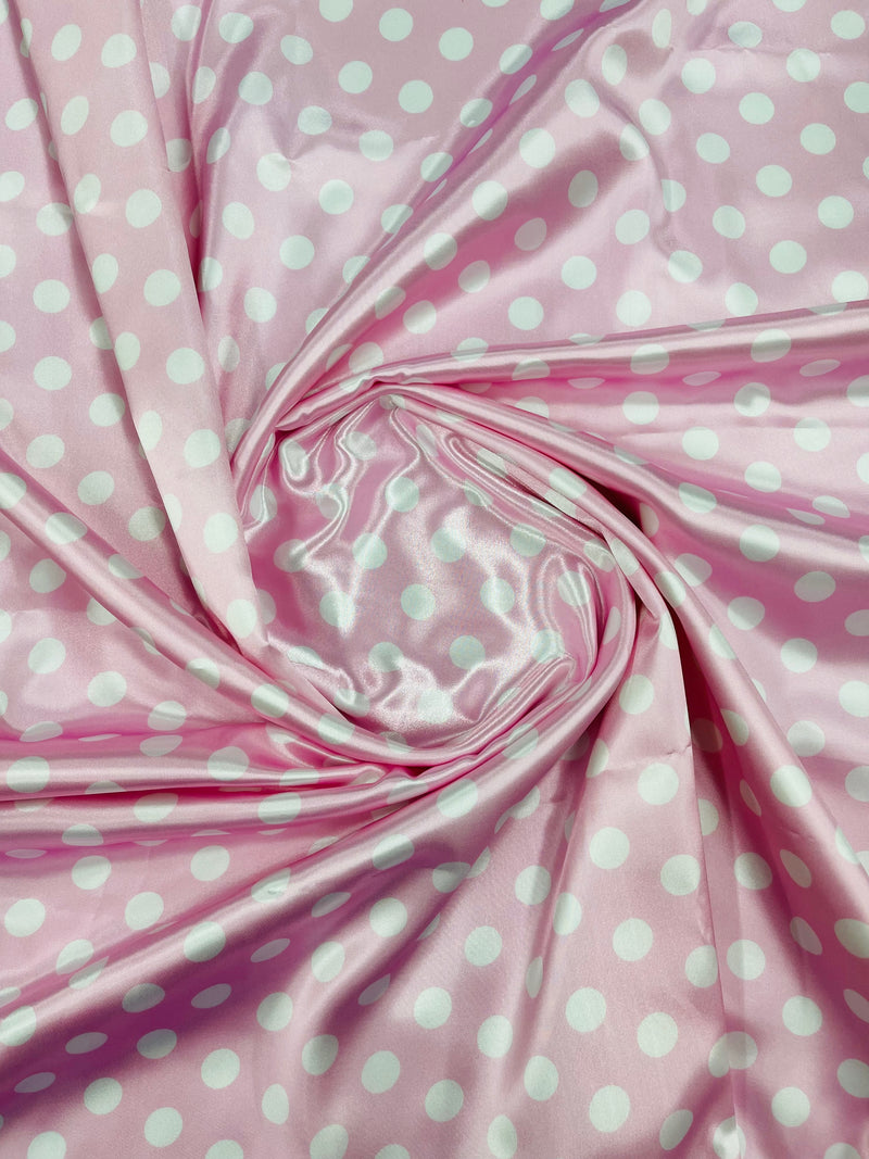 Polka Dot Satin Fabric - White on Pink -  3/4" Inch Soft Silky Satin Polka Dot Fabric Sold By Yard