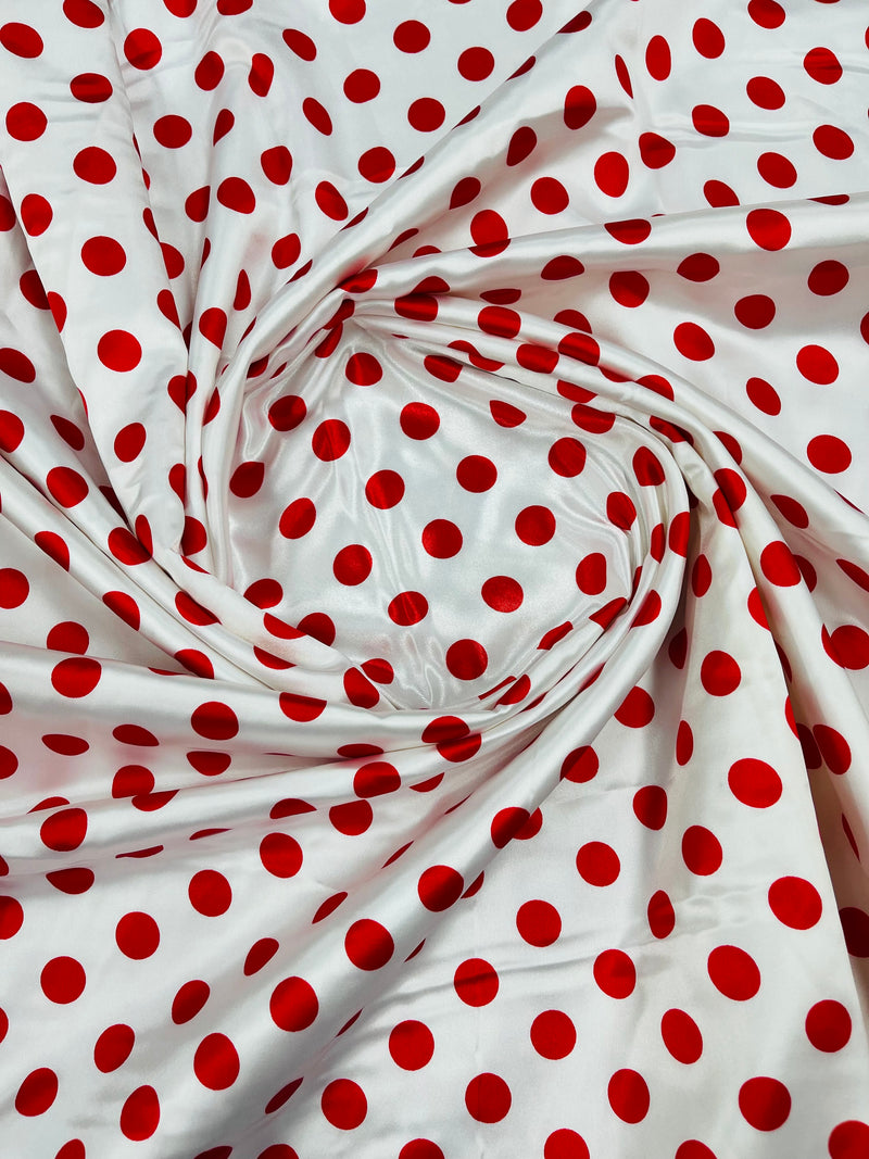 Polka Dot Satin Fabric - Red on White -  3/4" Inch Soft Silky Satin Polka Dot Fabric Sold By Yard