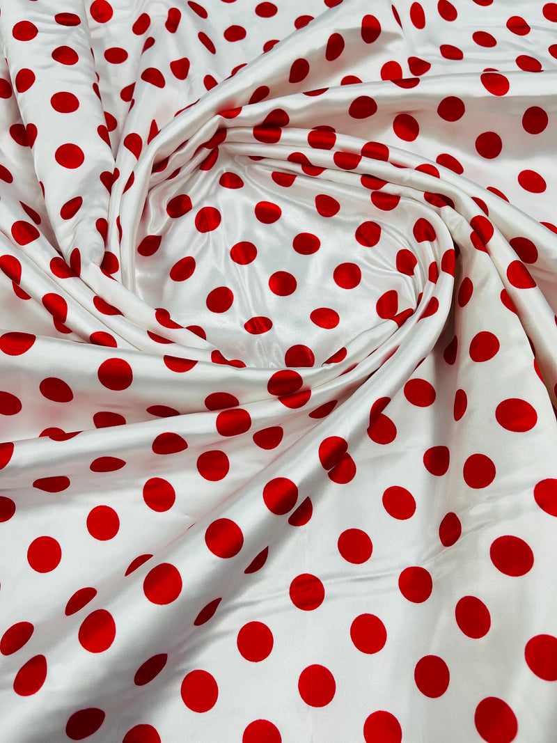 Polka Dot Satin Fabric - Red on White -  3/4" Inch Soft Silky Satin Polka Dot Fabric Sold By Yard