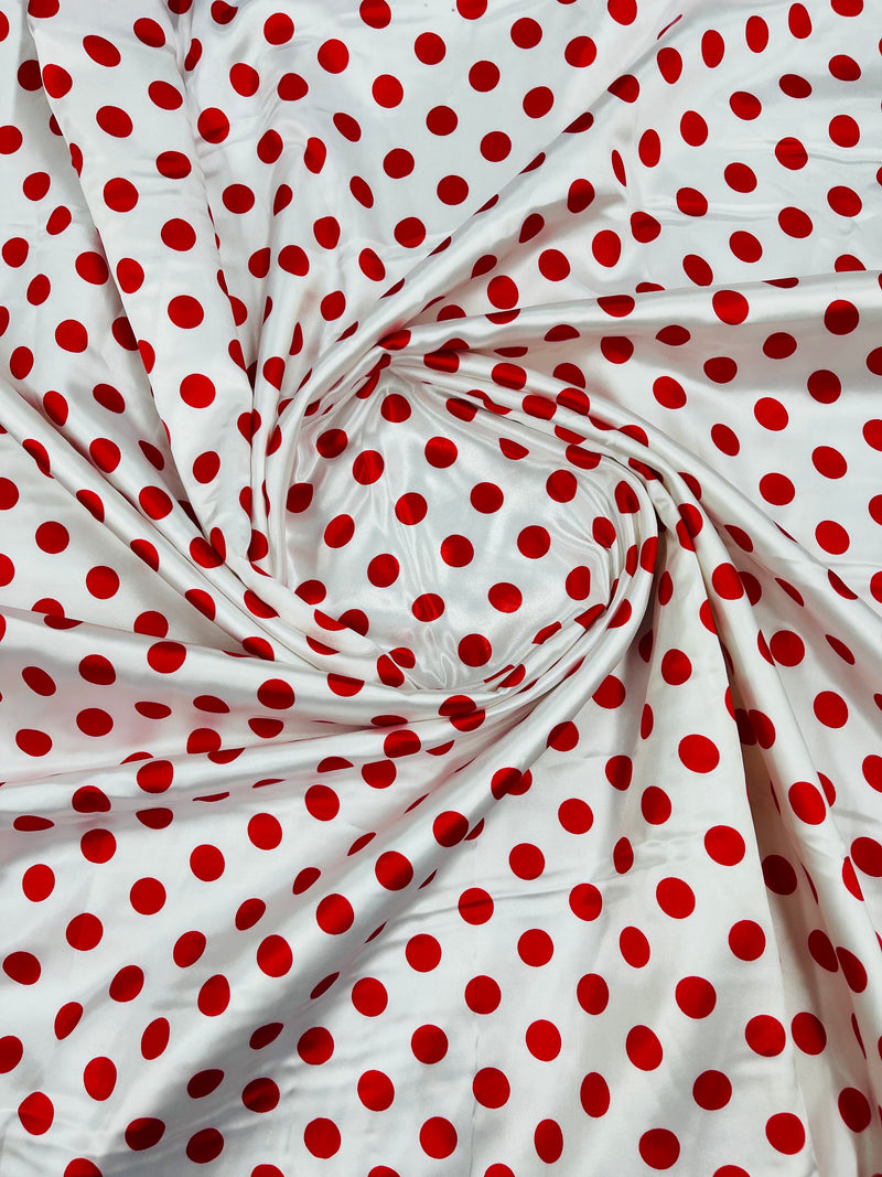 Polka Dot Satin Fabric - Red on White -  3/4" Inch Soft Silky Satin Polka Dot Fabric Sold By Yard