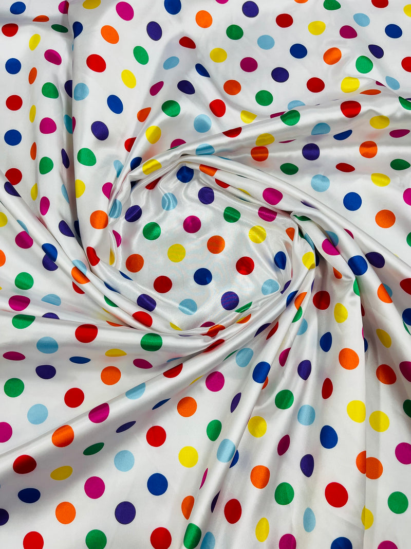 Polka Dot Satin Fabric - Multi-Color on White -  3/4" Inch Soft Silky Satin Polka Dot Fabric Sold By Yard