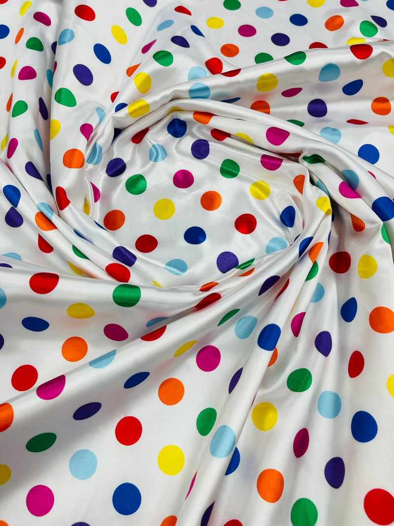 Polka Dot Satin Fabric - Multi-Color on White -  3/4" Inch Soft Silky Satin Polka Dot Fabric Sold By Yard