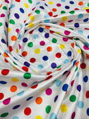 Polka Dot Satin Fabric - Multi-Color on White -  3/4" Inch Soft Silky Satin Polka Dot Fabric Sold By Yard