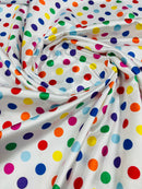 Polka Dot Satin Fabric - Multi-Color on White -  3/4" Inch Soft Silky Satin Polka Dot Fabric Sold By Yard