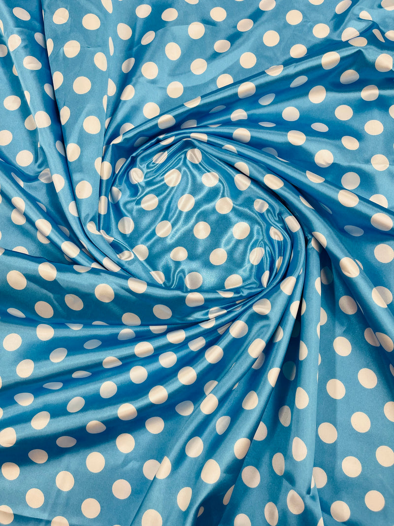 Polka Dot Satin Fabric - White on Turquoise -  3/4" Inch Soft Silky Satin Polka Dot Fabric Sold By Yard