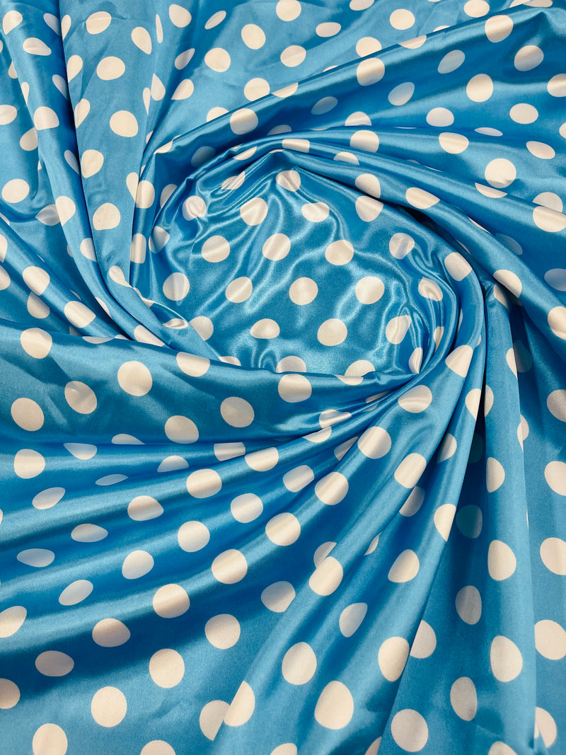 Polka Dot Satin Fabric - White on Turquoise -  3/4" Inch Soft Silky Satin Polka Dot Fabric Sold By Yard