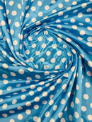 Polka Dot Satin Fabric - White on Turquoise -  3/4" Inch Soft Silky Satin Polka Dot Fabric Sold By Yard