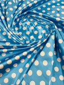 Polka Dot Satin Fabric - White on Turquoise -  3/4" Inch Soft Silky Satin Polka Dot Fabric Sold By Yard