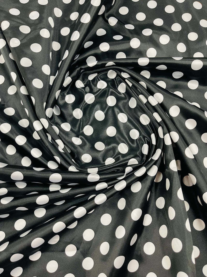 Polka Dot Satin Fabric - White on Black -  3/4" Inch Soft Silky Satin Polka Dot Fabric Sold By Yard