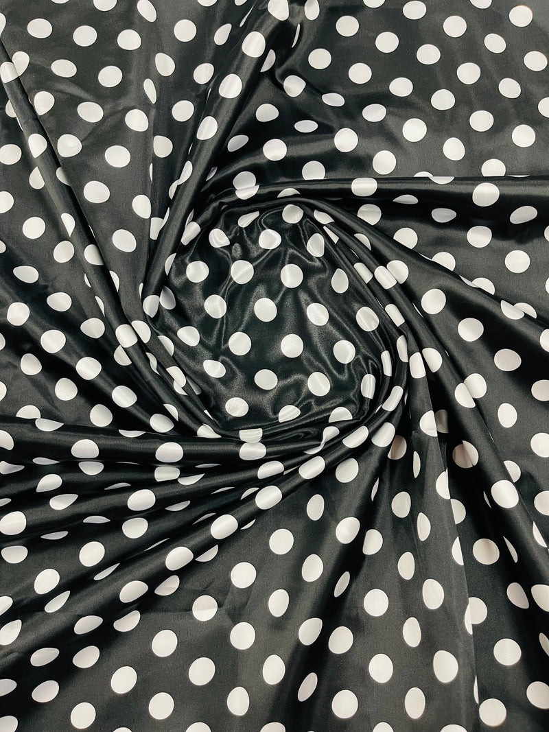 Polka Dot Satin Fabric - White on Black -  3/4" Inch Soft Silky Satin Polka Dot Fabric Sold By Yard