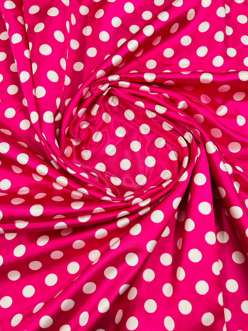 Polka Dot Satin Fabric - White on Hot Pink -  3/4" Inch Soft Silky Satin Polka Dot Fabric Sold By Yard