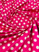 Polka Dot Satin Fabric - White on Hot Pink -  3/4" Inch Soft Silky Satin Polka Dot Fabric Sold By Yard