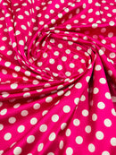 Polka Dot Satin Fabric - White on Hot Pink -  3/4" Inch Soft Silky Satin Polka Dot Fabric Sold By Yard