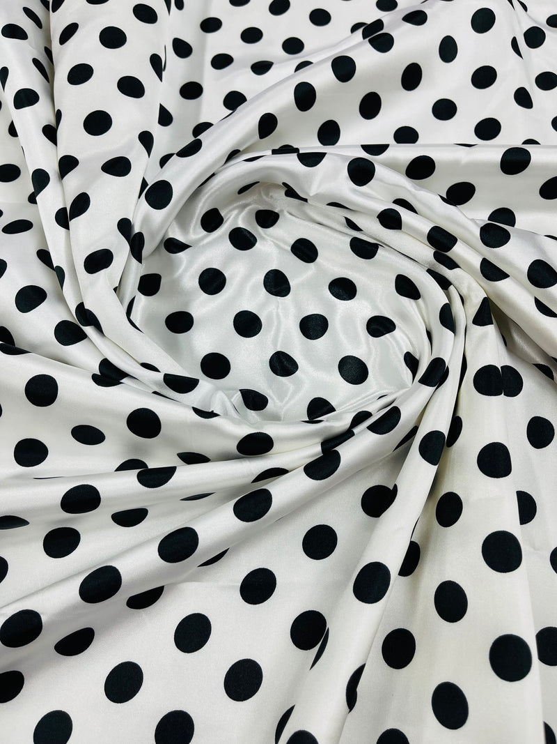 Polka Dot Satin Fabric - Black on White -  3/4" Inch Soft Silky Satin Polka Dot Fabric Sold By Yard