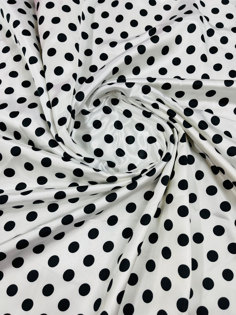 Polka Dot Satin Fabric - Black on White -  3/4" Inch Soft Silky Satin Polka Dot Fabric Sold By Yard