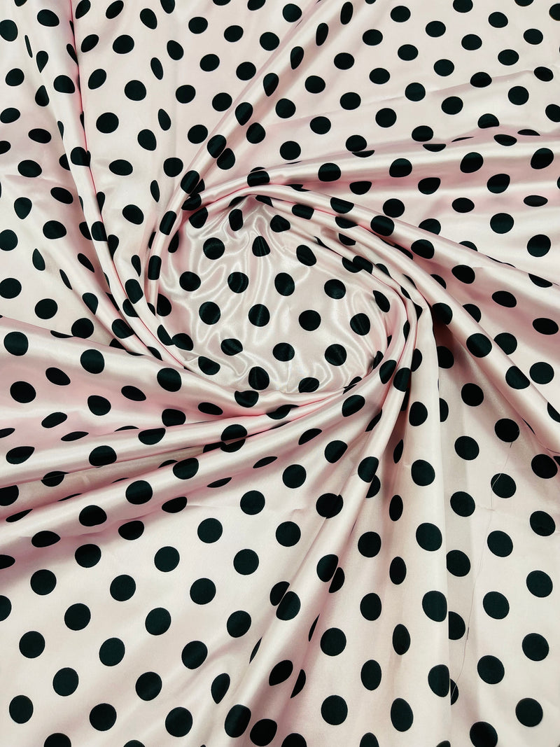 Polka Dot Satin Fabric - Black on Pink -  3/4" Inch Soft Silky Satin Polka Dot Fabric Sold By Yard