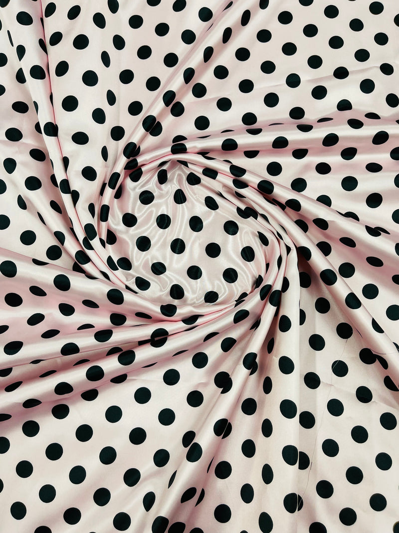 Polka Dot Satin Fabric - Black on Pink -  3/4" Inch Soft Silky Satin Polka Dot Fabric Sold By Yard