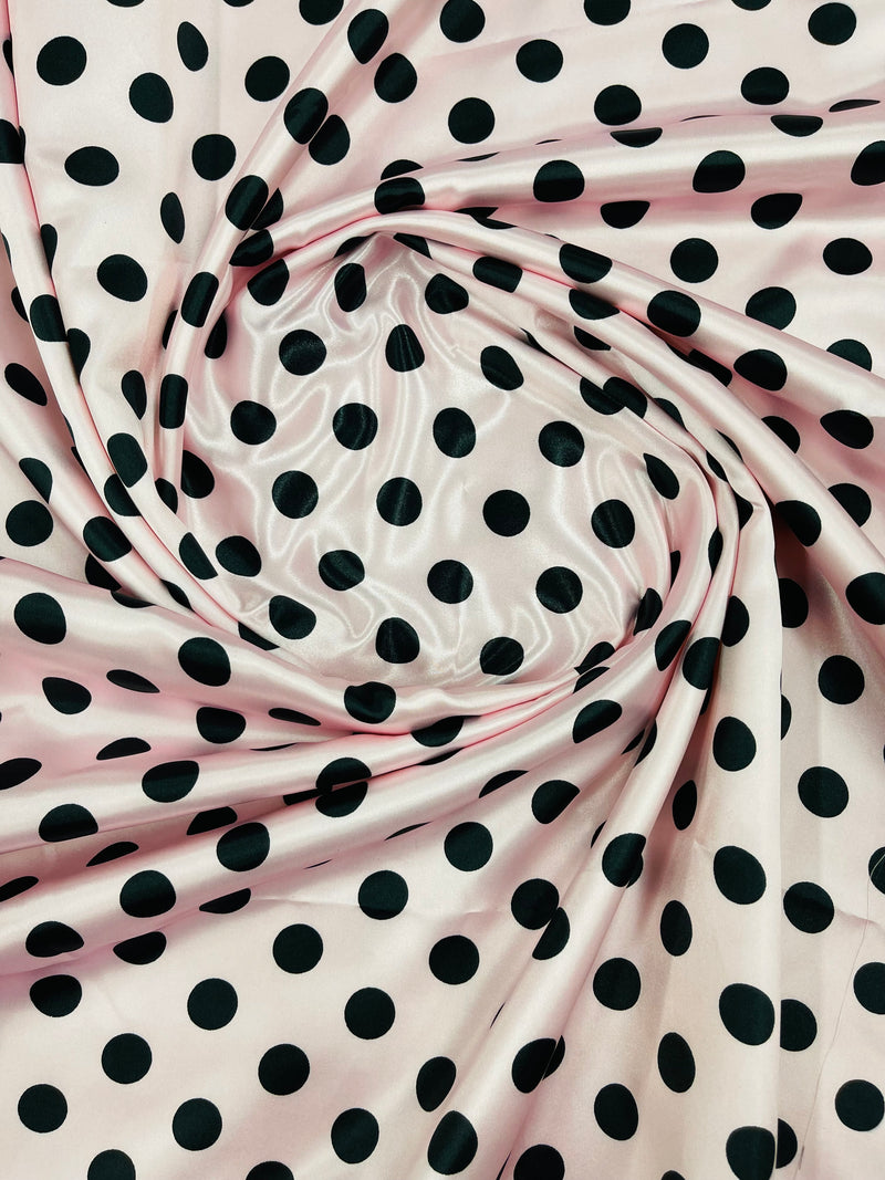 Polka Dot Satin Fabric - Black on Pink -  3/4" Inch Soft Silky Satin Polka Dot Fabric Sold By Yard