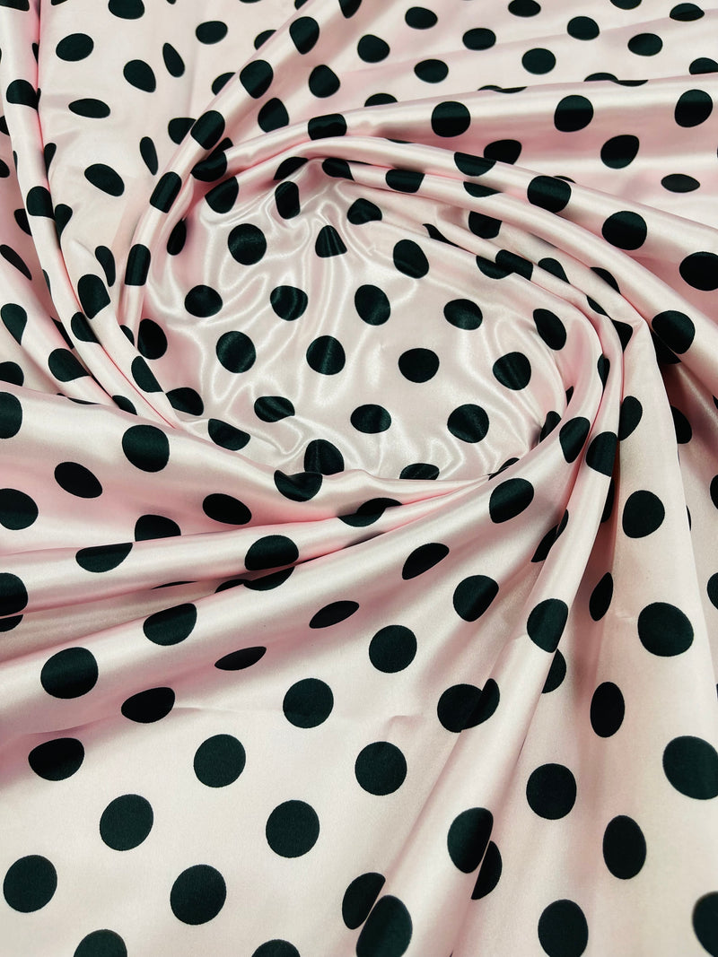 Polka Dot Satin Fabric - Black on Pink -  3/4" Inch Soft Silky Satin Polka Dot Fabric Sold By Yard