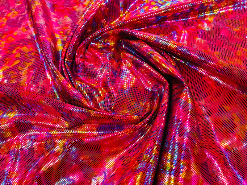 Polka Dot Spandex Foil Fabric - Rainbow on Red - Polka Dot Design on Stretch Fabric By Yard