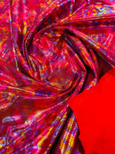 Polka Dot Spandex Foil Fabric - Rainbow on Red - Polka Dot Design on Stretch Fabric By Yard