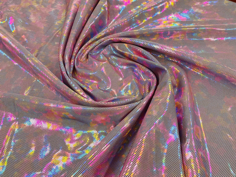 Polka Dot Spandex Foil Fabric - Rainbow on Pink - Polka Dot Design on Stretch Fabric By Yard