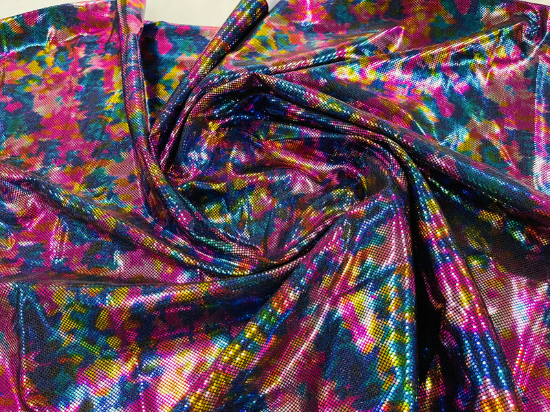 Polka Dot Spandex Foil Fabric - Rainbow on Black - Polka Dot Design on Stretch Fabric By Yard