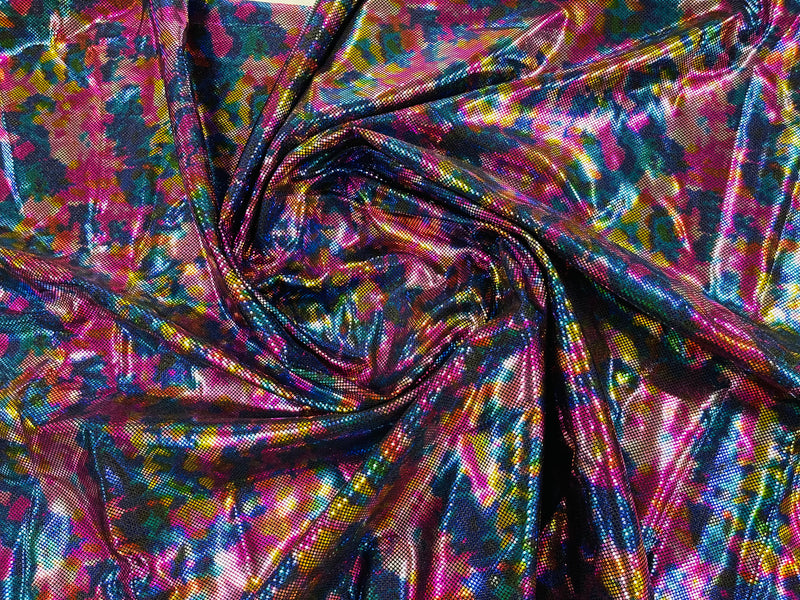Polka Dot Spandex Foil Fabric - Rainbow on Black - Polka Dot Design on Stretch Fabric By Yard