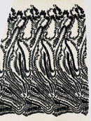 Leaf Pattern Fancy Fabric - Black - Embroidered Pattern on Lace Mesh Sold By Yard