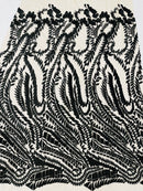 Leaf Pattern Fancy Fabric - Black - Embroidered Pattern on Lace Mesh Sold By Yard