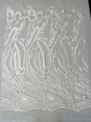 Leaf Pattern Fancy Fabric - White - Embroidered Pattern on Lace Mesh Sold By Yard