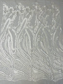 Leaf Pattern Fancy Fabric - White - Embroidered Pattern on Lace Mesh Sold By Yard