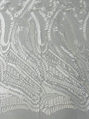 Leaf Pattern Fancy Fabric - White - Embroidered Pattern on Lace Mesh Sold By Yard