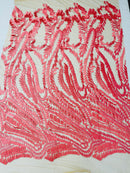 Leaf Pattern Fancy Fabric - Coral - Embroidered Pattern on Lace Mesh Sold By Yard