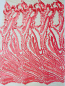 Leaf Pattern Fancy Fabric - Coral - Embroidered Pattern on Lace Mesh Sold By Yard