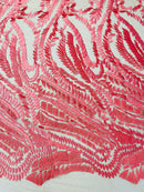 Leaf Pattern Fancy Fabric - Coral - Embroidered Pattern on Lace Mesh Sold By Yard