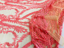 Leaf Pattern Fancy Fabric - Coral - Embroidered Pattern on Lace Mesh Sold By Yard