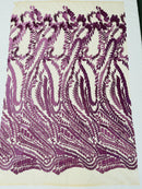 Leaf Pattern Fancy Fabric - Purple - Embroidered Pattern on Lace Mesh Sold By Yard