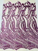 Leaf Pattern Fancy Fabric - Purple - Embroidered Pattern on Lace Mesh Sold By Yard