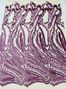Leaf Pattern Fancy Fabric - Purple - Embroidered Pattern on Lace Mesh Sold By Yard
