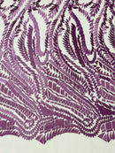 Leaf Pattern Fancy Fabric - Purple - Embroidered Pattern on Lace Mesh Sold By Yard