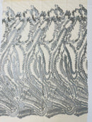 Leaf Pattern Fancy Fabric - Silver - Embroidered Pattern on Lace Mesh Sold By Yard