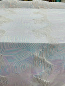 Fringe Sequins Design - Iridescent Aqua / White - Fringe Design Embroidered on a  4 Way Stretch Lace Mesh (Pick A Size)