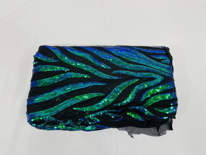 Mermaid Green Iridescent Sequin, by the yard - Black Mesh 4 Way Stretch Sequin Fabric Spandex Mesh