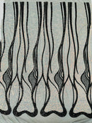 Two Tone Pattern Fabric - Iridescent Clear / Black - 4 Way Stretch Shiny Sequins Fabric Design on Mesh By Yard