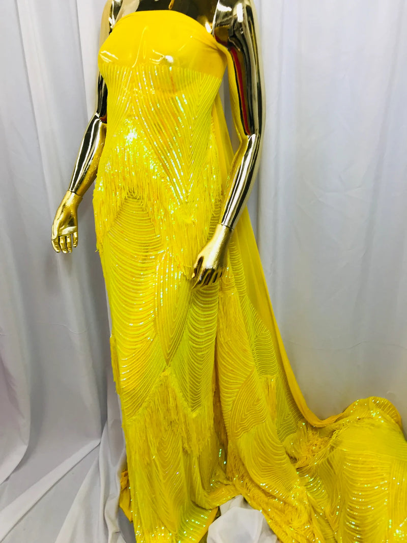 Fringe Sequins Design - Iridescent Yellow - Fringe Design Embroidered on a  4 Way Stretch Lace Mesh (Pick A Size)